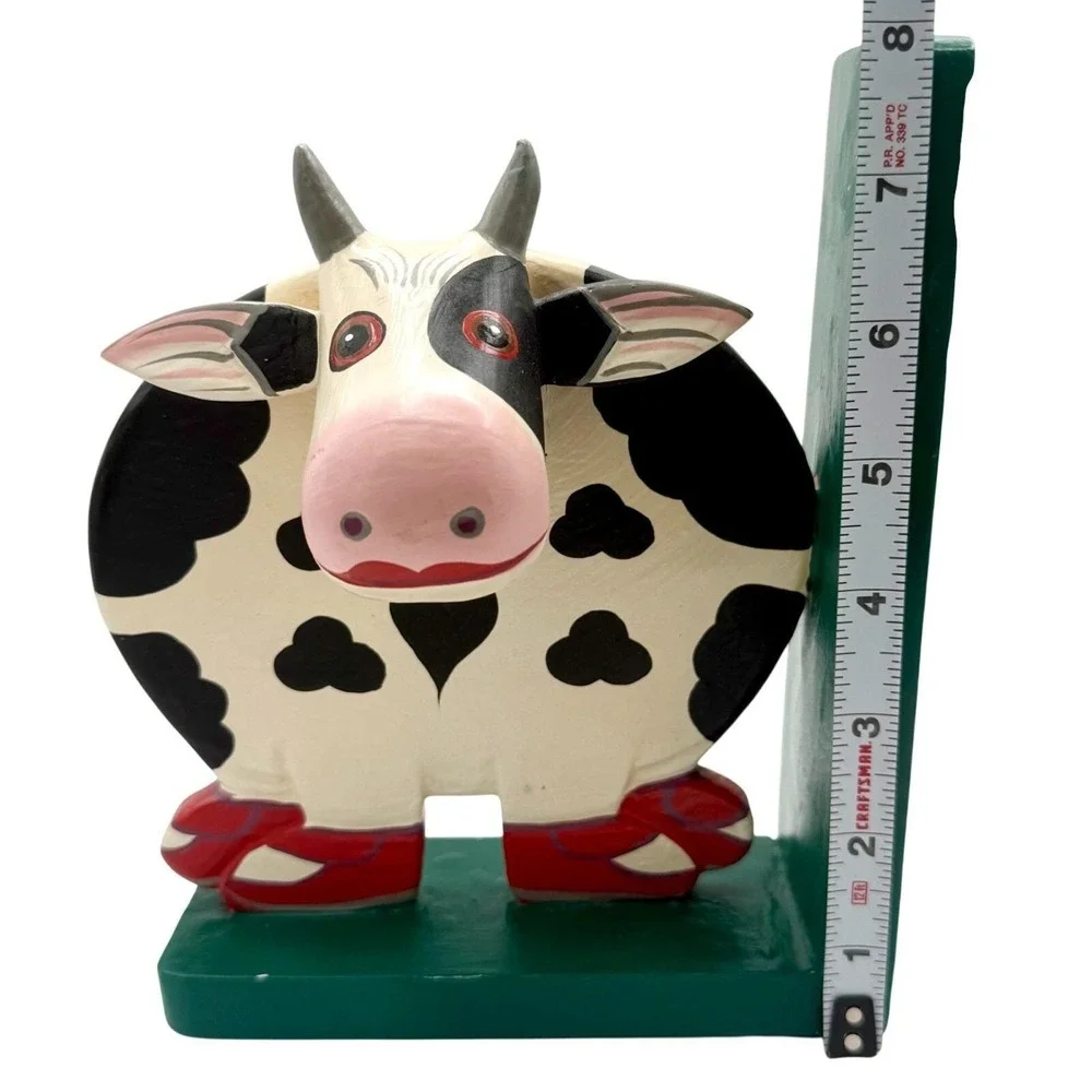 Vintage Folk Art Cow Bookends Handpainted Wood Lady Cows Pair Cottage Kitchen